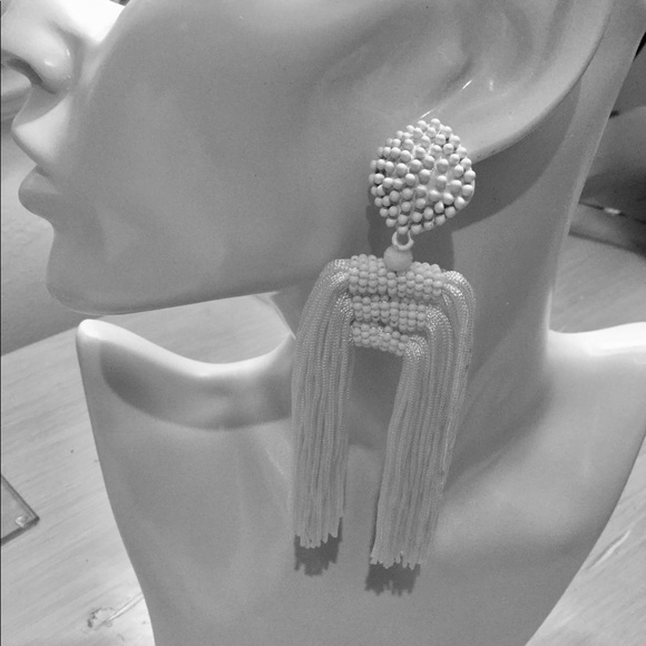 LONG TASSEL DROP EARRINGS WHITE - Picture 2 of 4